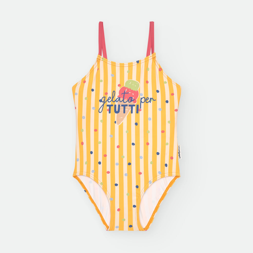 Fato de banho Waterlemon infantil amarelo com riscas e bolinhas coloridas, detalhe frontal com ilustração de gelado e a frase "gelato per tutti".