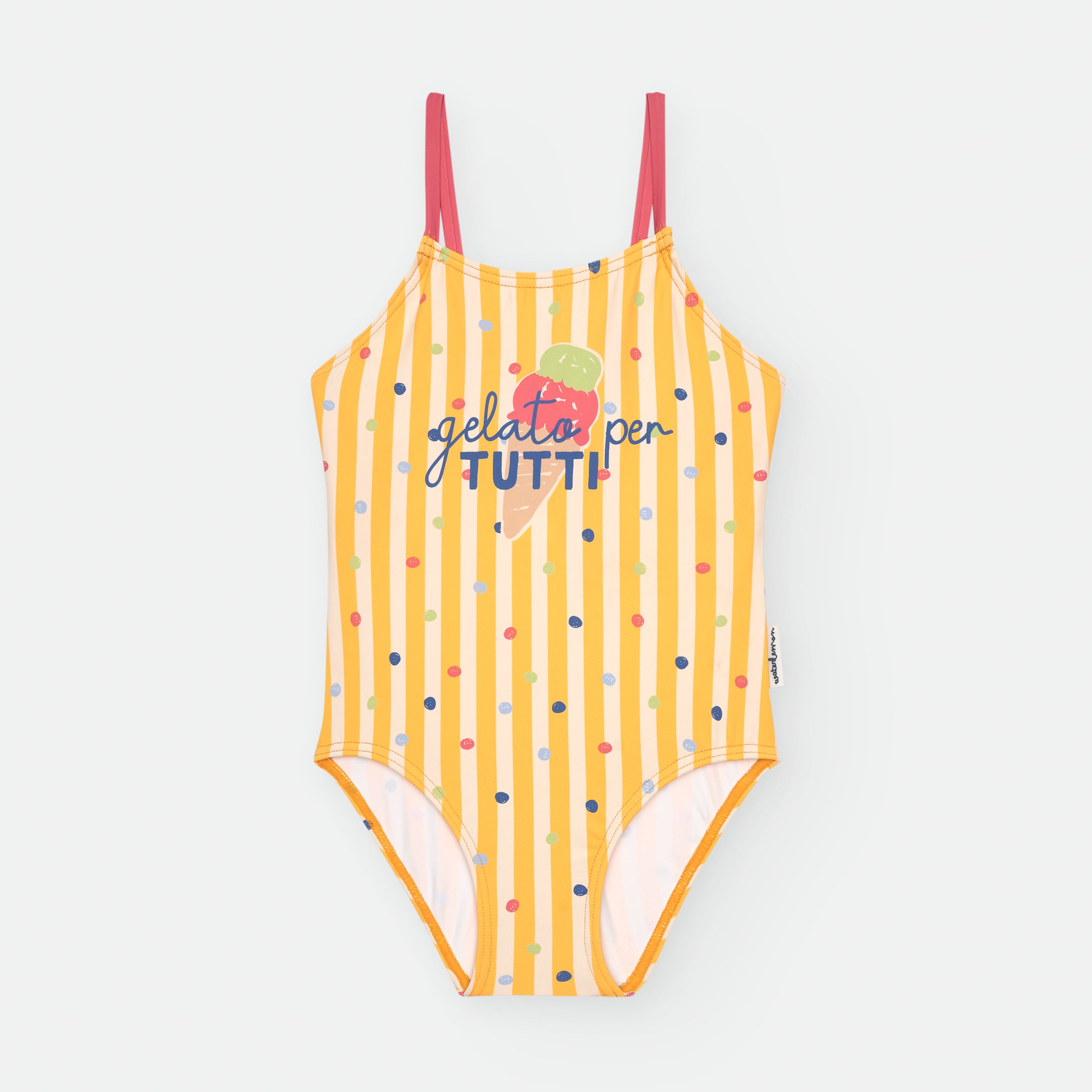 Fato de banho Waterlemon infantil amarelo com riscas e bolinhas coloridas, detalhe frontal com ilustração de gelado e a frase "gelato per tutti".