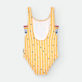 Verso do fato de banho Waterlemon para adolescente, amarelo com riscas e bolinhas coloridas, detalhe das tiras laterais.