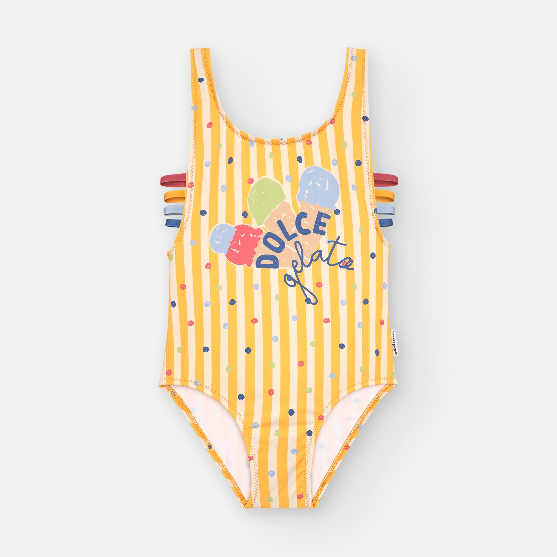 Fato de banho Waterlemon para adolescente, amarelo com riscas e bolinhas coloridas, detalhe "Dolce Gelato", tiras laterais.