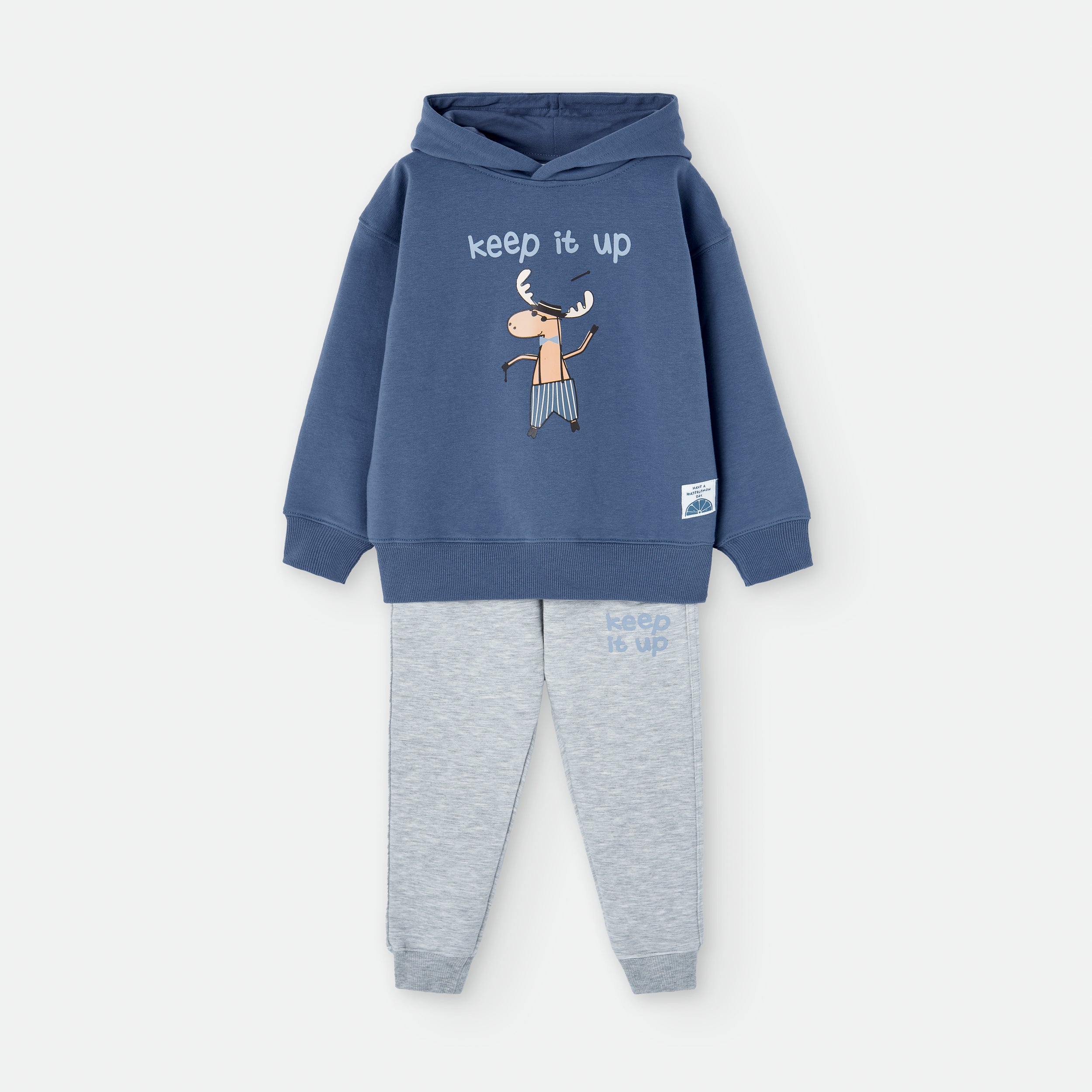 Fato de treino infantil Waterlemon de 2 peças (azul e cinza) com camisola de alce e calças cinzentas "Keep it up".