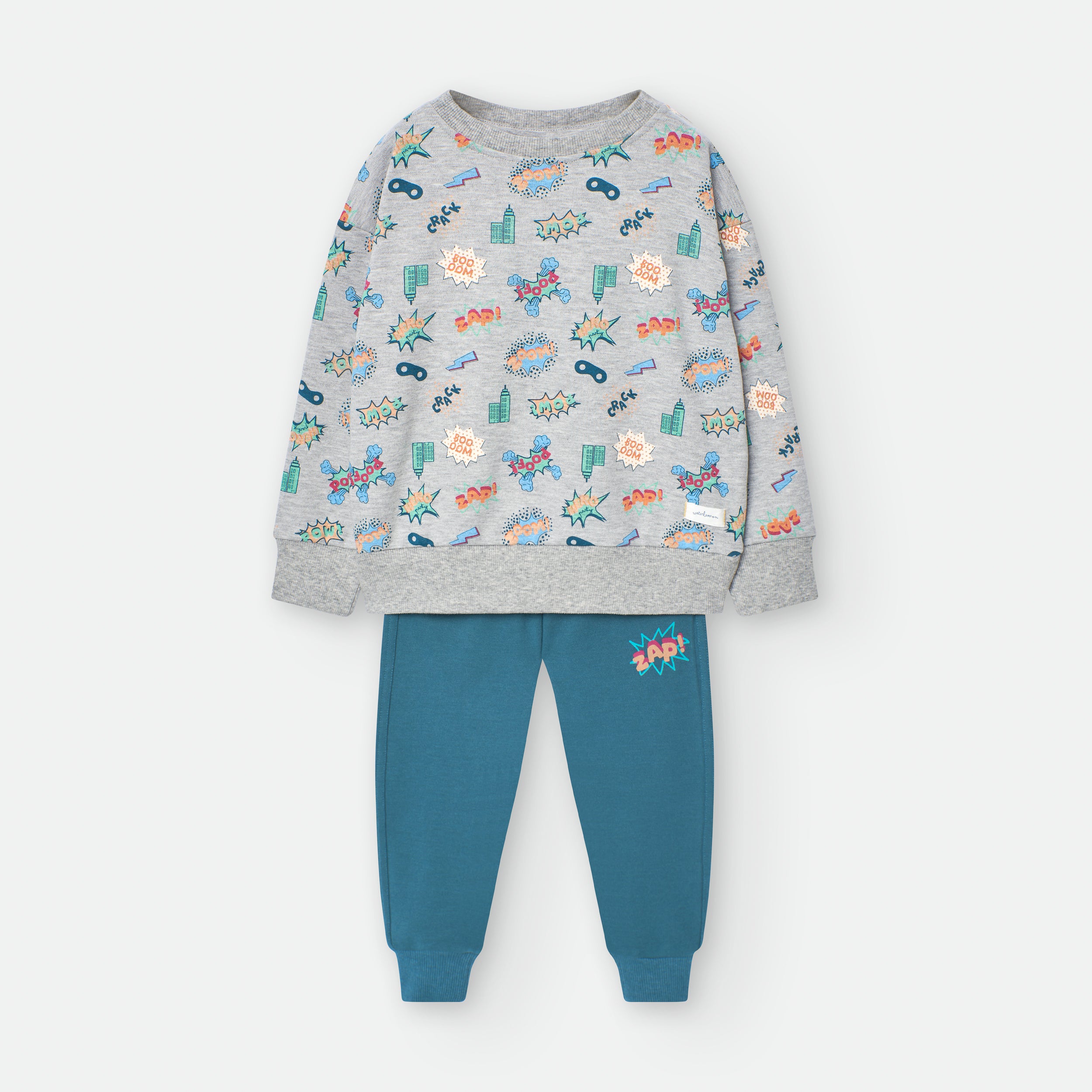 Fato de treino infantil Waterlemon 2 peças: camisola cinza com padrão banda desenhada e calças azul-petróleo, vista frontal.