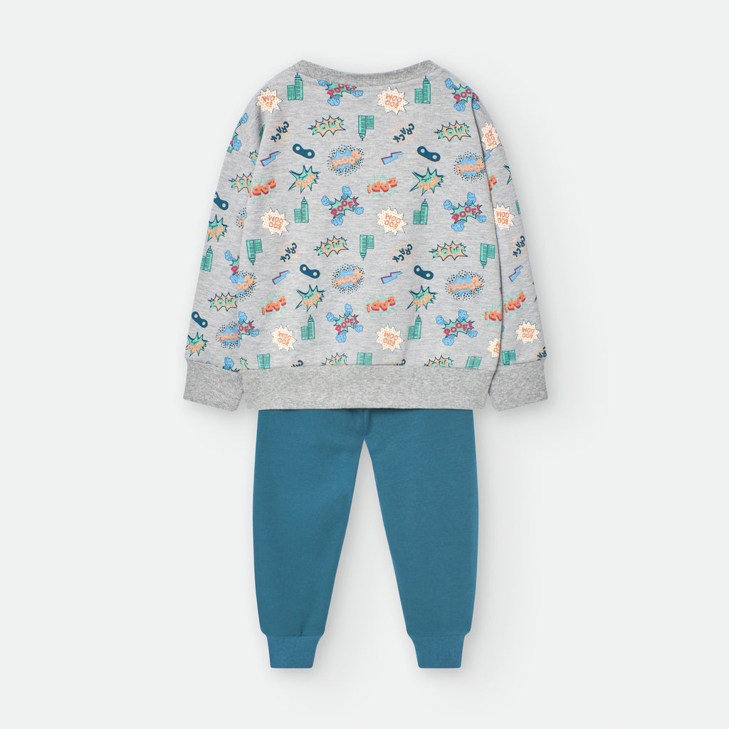Fato de treino infantil Waterlemon 2 peças cinza/azul-petróleo, vista traseira, mostrando o padrão completo da camisola.