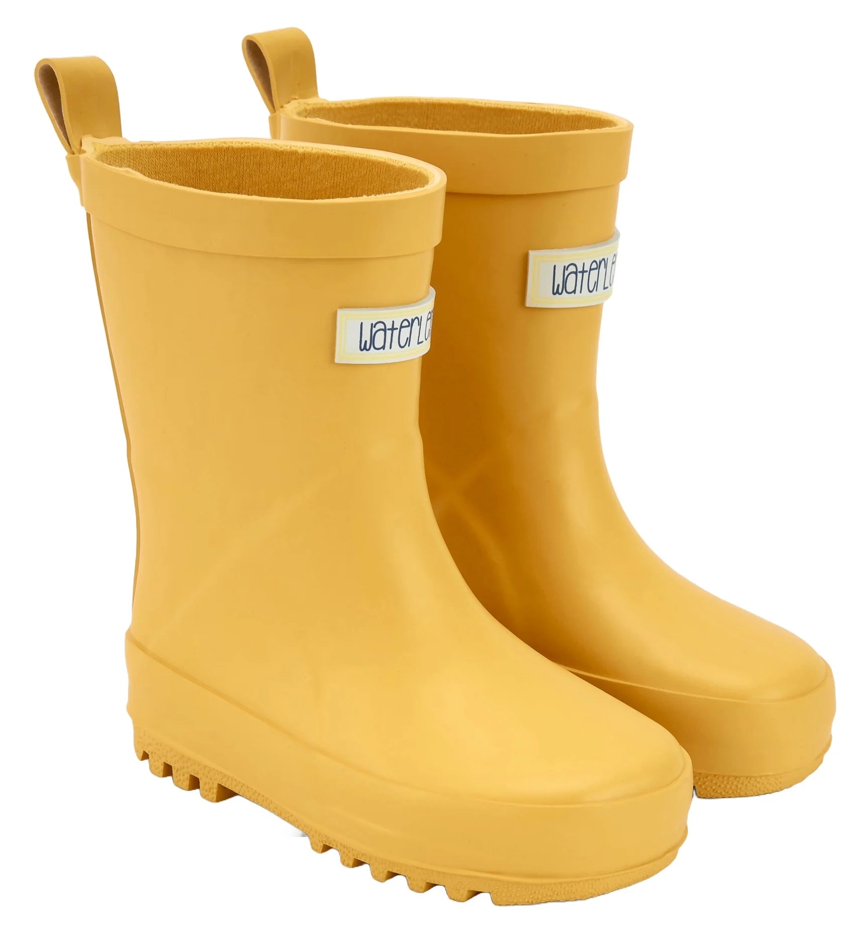 Par de galochas infantis amarelas da Waterlemon, estilo barefoot, com alças traseiras e etiqueta de marca visível.