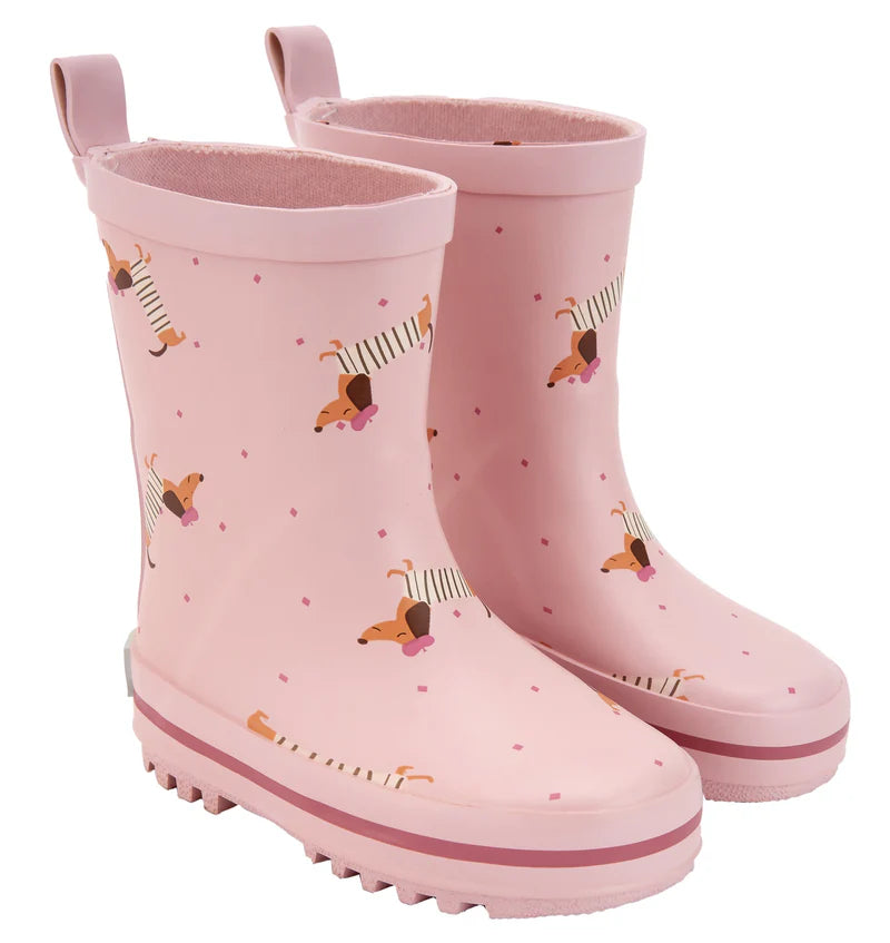 Par de galochas infantis Waterlemon cor de rosa com padrão de cães dálmatas a fazer patins, ideais para chuva.