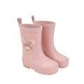 Par de galochas infantis Waterlemon cor de rosa com desenho de coelhinho, isoladas em fundo branco.