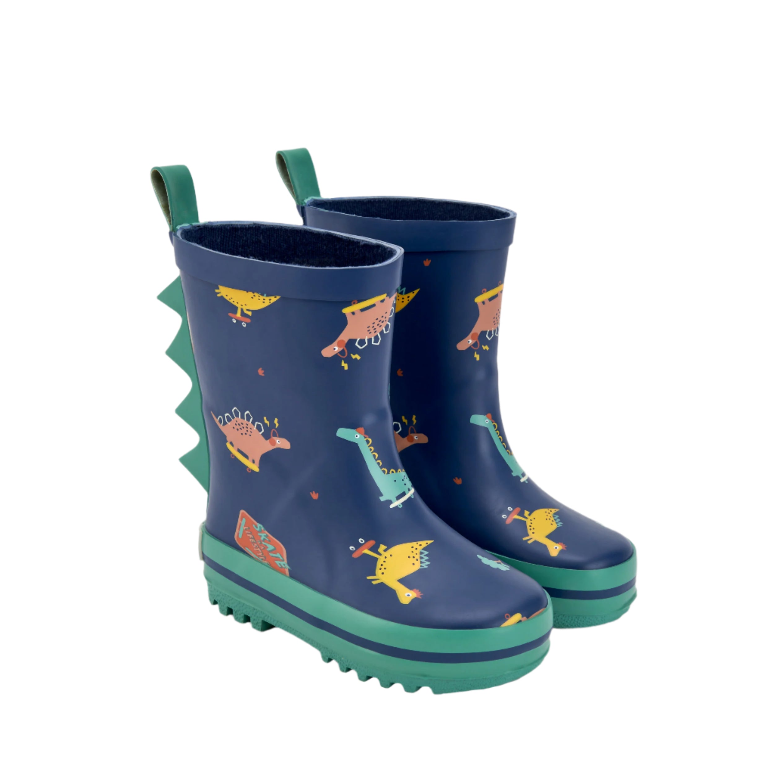 Par de galochas infantis Waterlemon azul-marinho com padrão de dinossauros coloridos e detalhes verdes.