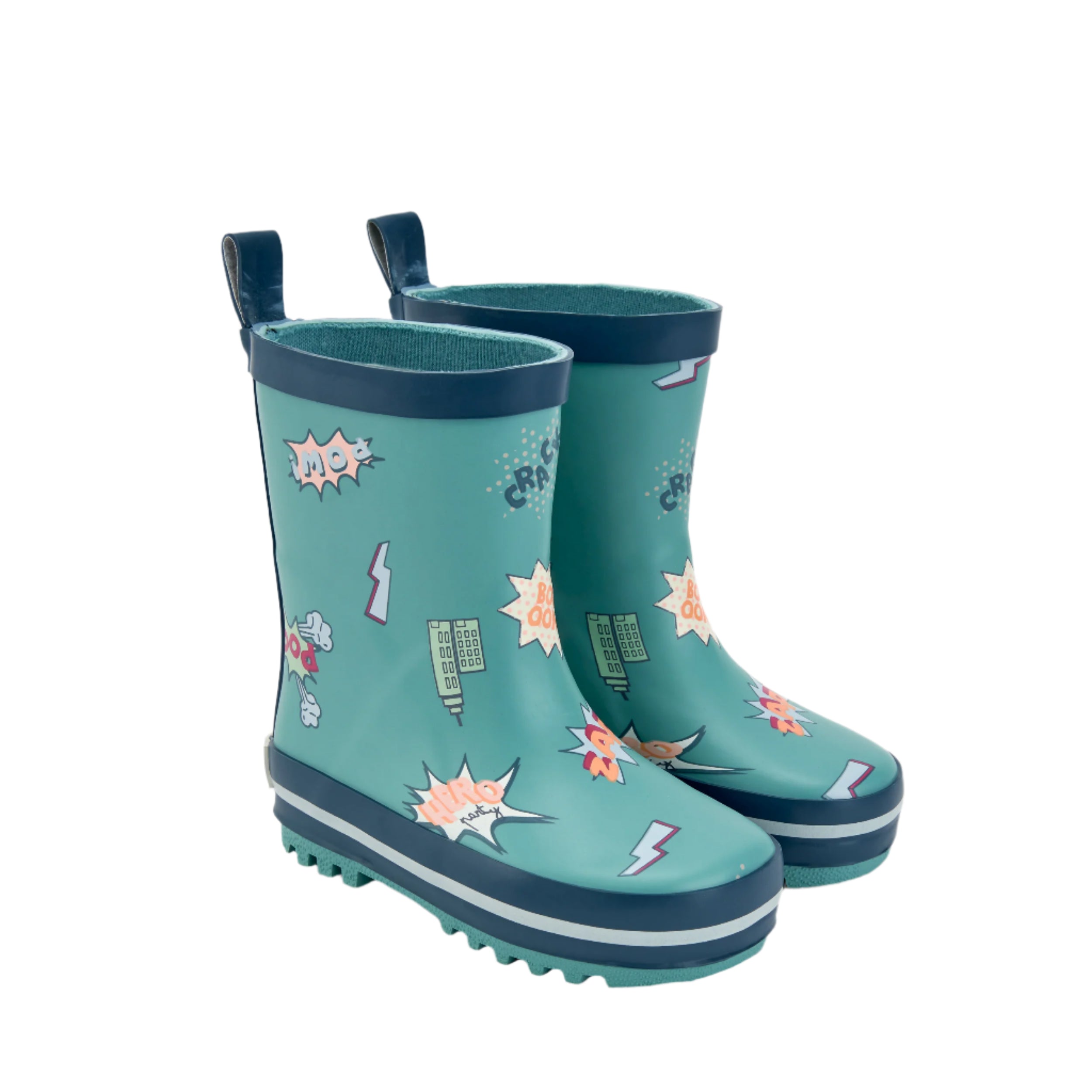 Par de galochas infantis Waterlemon cor verde-água com padrão de banda desenhada "Explosão verde", isoladas em fundo branco.