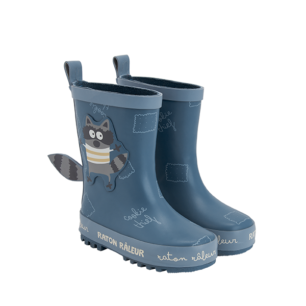 Par de galochas infantis Waterlemon azuis, estilo guaxinim, com aplique de guaxinim na frente e sola antiderrapante.