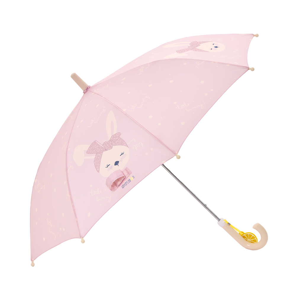 Guarda-chuva infantil Waterlemon cor de rosa, aberto, com estampa de coelhinha e pega curva amarela.