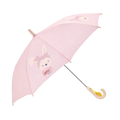 Guarda-chuva infantil Waterlemon cor de rosa, aberto, com estampa de coelhinha e pega curva amarela.