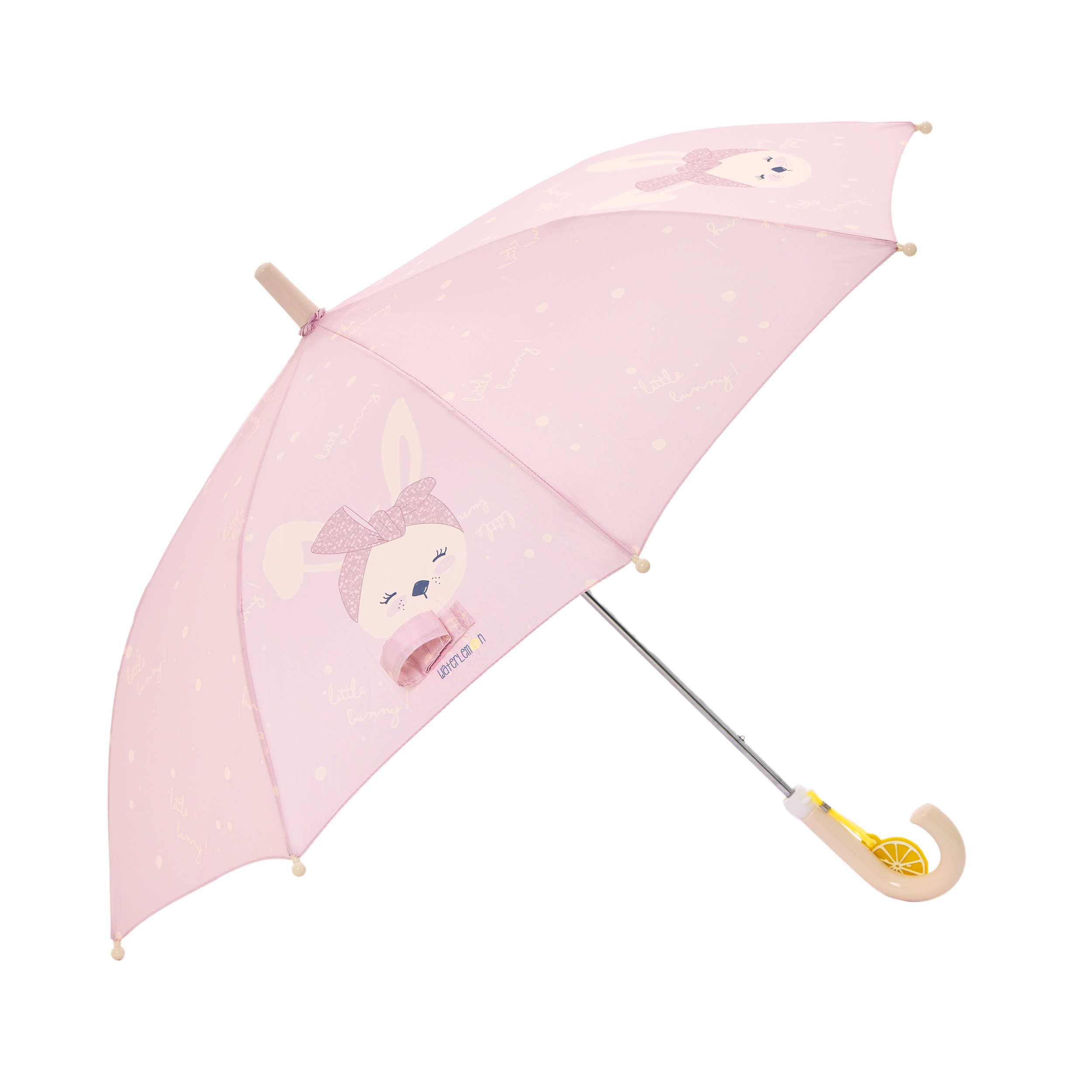 Guarda-chuva infantil Waterlemon cor de rosa, aberto, com estampa de coelhinha e pega curva amarela.