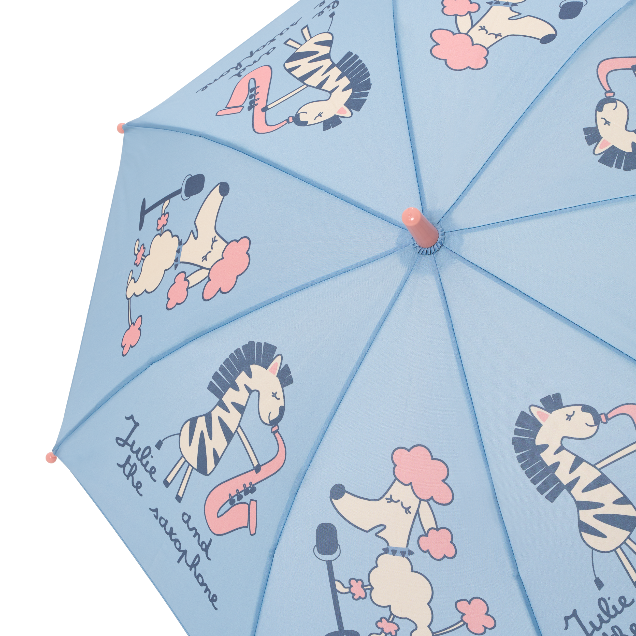 Detalhe do topo do guarda-chuva Waterlemon, focando nas ilustrações vibrantes da zebra a tocar saxofone e do caniche. Tecido resistente.