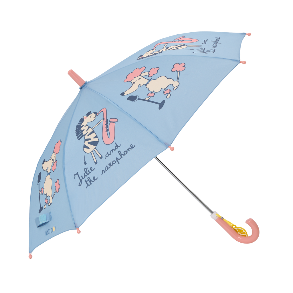 Guarda-chuva infantil Waterlemon aberto, padrão zebra e caniche com tema musical. Cor principal azul claro. Manípulo em forma de limão.