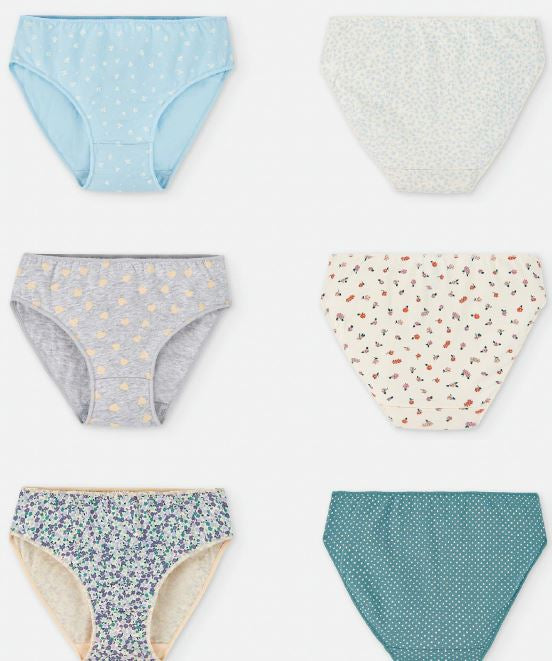 Conjunto de 6 cuecas Waterlemon senhora com diferentes padrões: florais, corações, bolinhas e cores lisas.