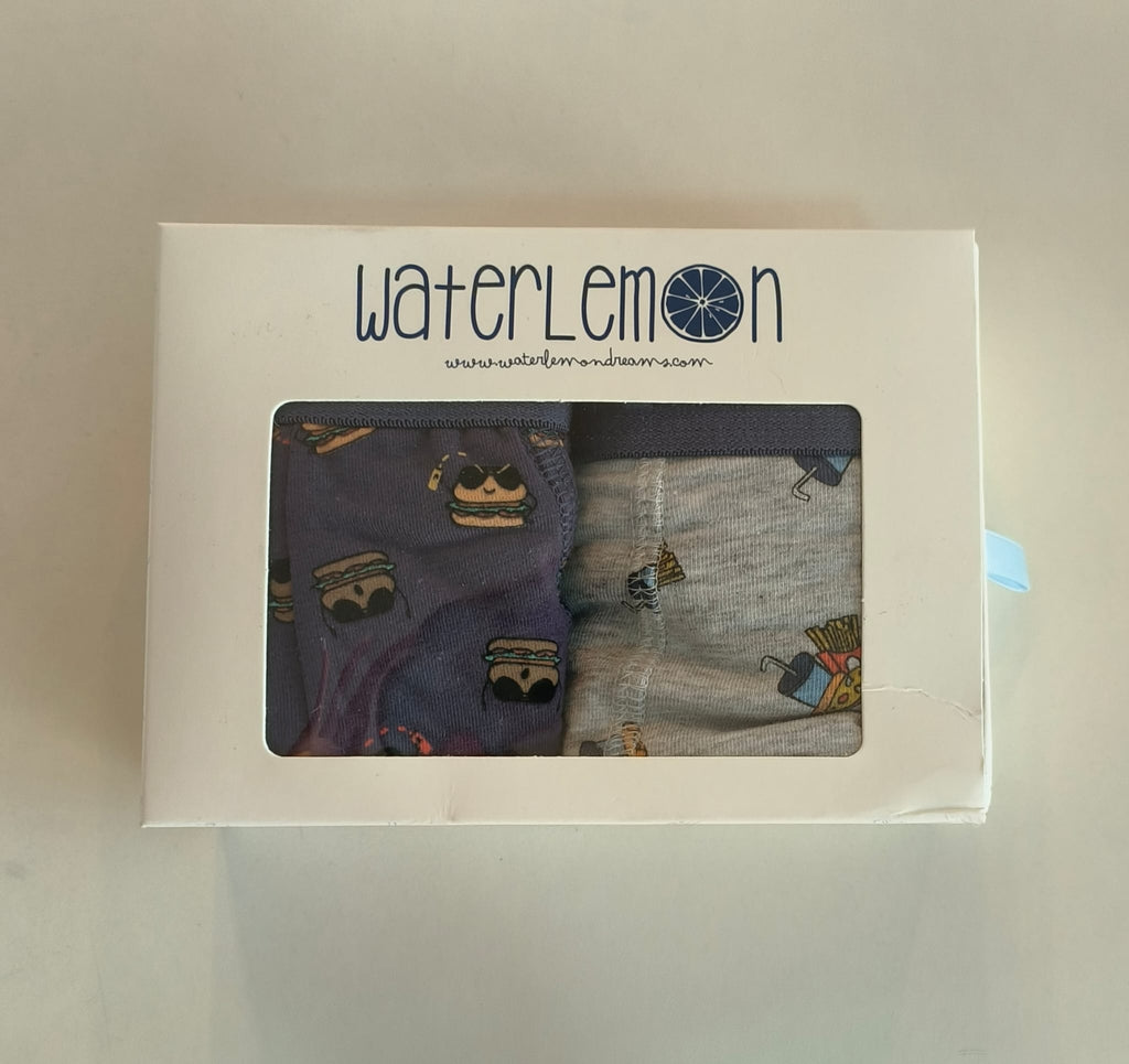 Conjunto de 2 boxers Waterlemon para homem na embalagem, exibindo um boxer roxo com hambúrgueres e um cinzento com batatas fritas.