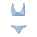Biquíni Waterlemon azul claro com estrelas brancas, vista frontal. Top com decote em V e laço central, cueca de cintura baixa.