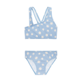 Vista frontal do Biquíni Waterlemon para menina, azul claro com padrão de estrelas bege e pequenos pontos, duas peças.