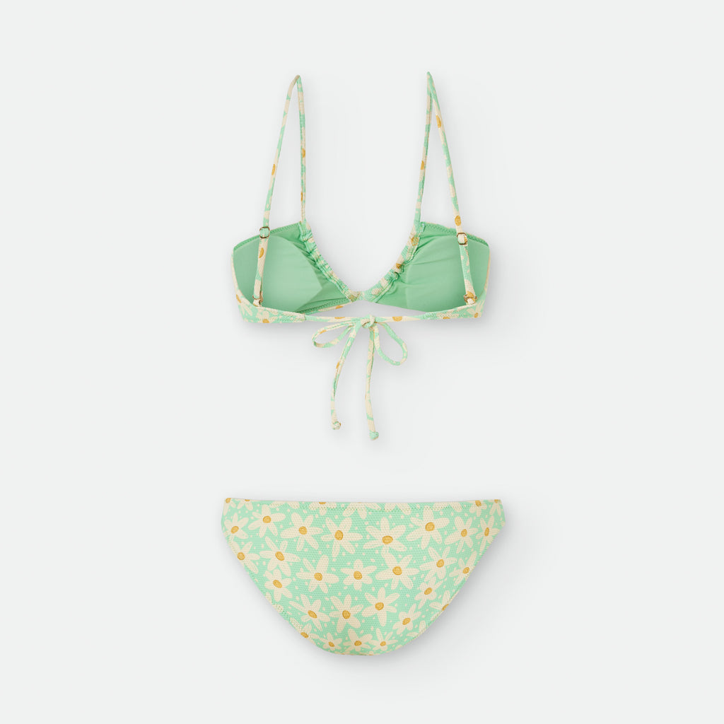 Vista traseira do biquíni Waterlemon com estampado de margaridas, mostrando o fecho de atar nas costas do top e o corte da cueca.
