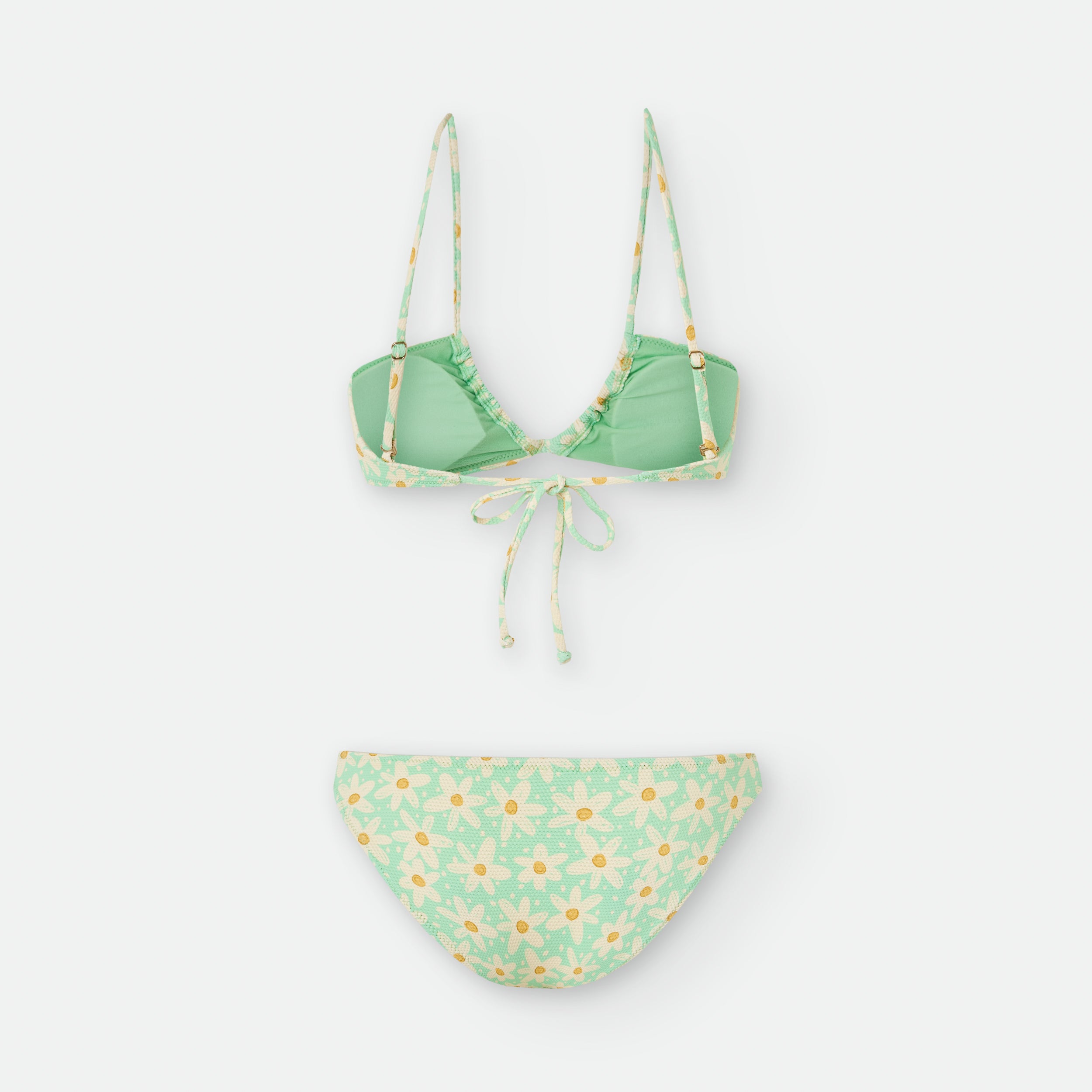 Vista traseira do biquíni Waterlemon com estampado de margaridas, mostrando o fecho de atar nas costas do top e o corte da cueca.