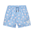 Calção de praia Waterlemon azul claro com padrão de estrelas cor-de-rosa e pequenos pontos alaranjados. Cós elástico com cordão azul funcional.