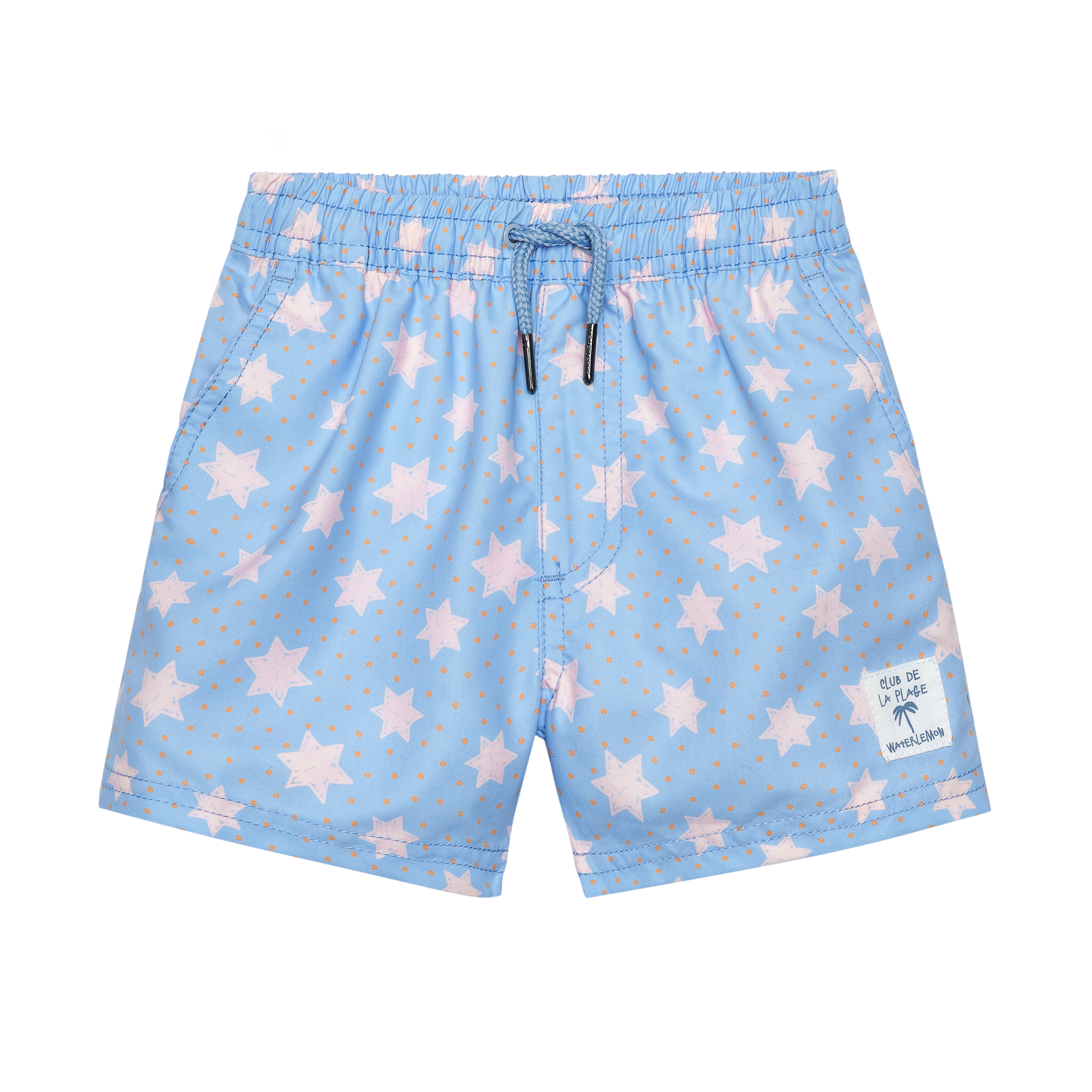 Calção de praia Waterlemon azul claro com padrão de estrelas cor-de-rosa e pequenos pontos alaranjados. Cós elástico com cordão azul funcional.