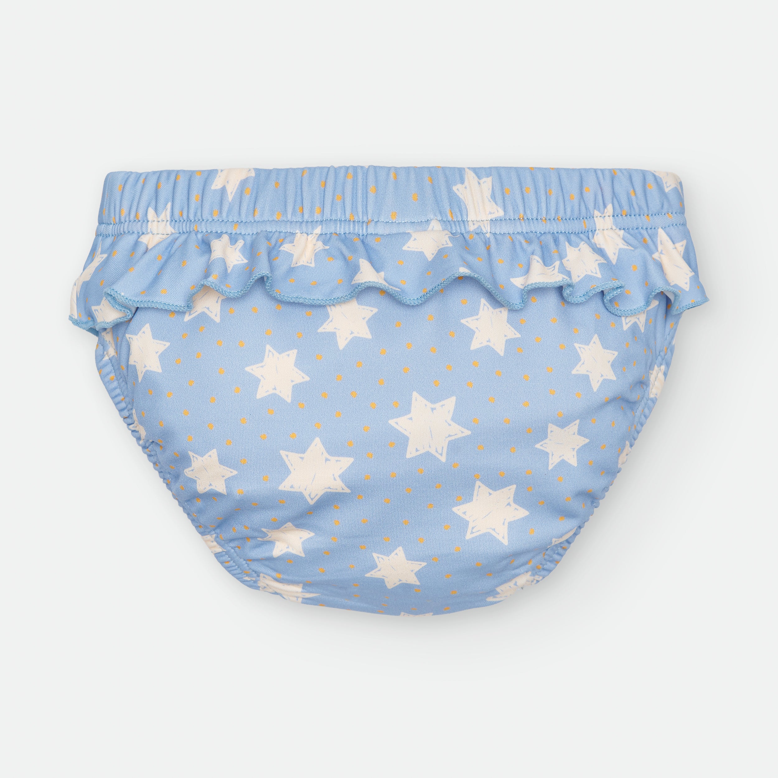 Vista traseira da cueca/fralda de praia Waterlemon com padrão de estrelas, mostrando a cobertura total e o elástico nas pernas e cintura.