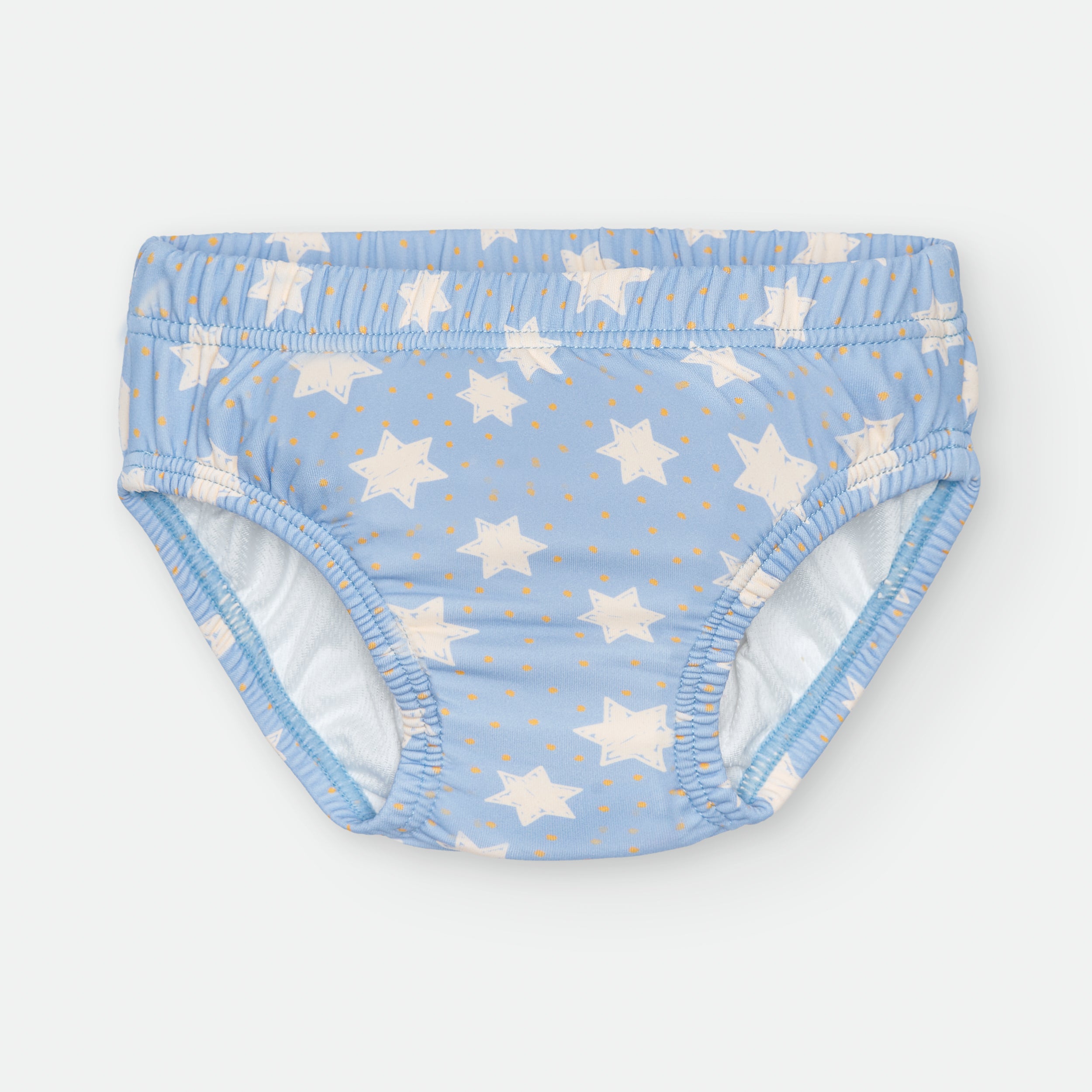 Fralda de praia reutilizável Waterlemon, vista frontal, azul claro com padrão de estrelas brancas e pequenos pontos amarelos.