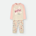 Pijama infantil Waterlemon, bege e rosa, 100% algodão, com camisola estampada "POOF!" e calças padrão banda desenhada.