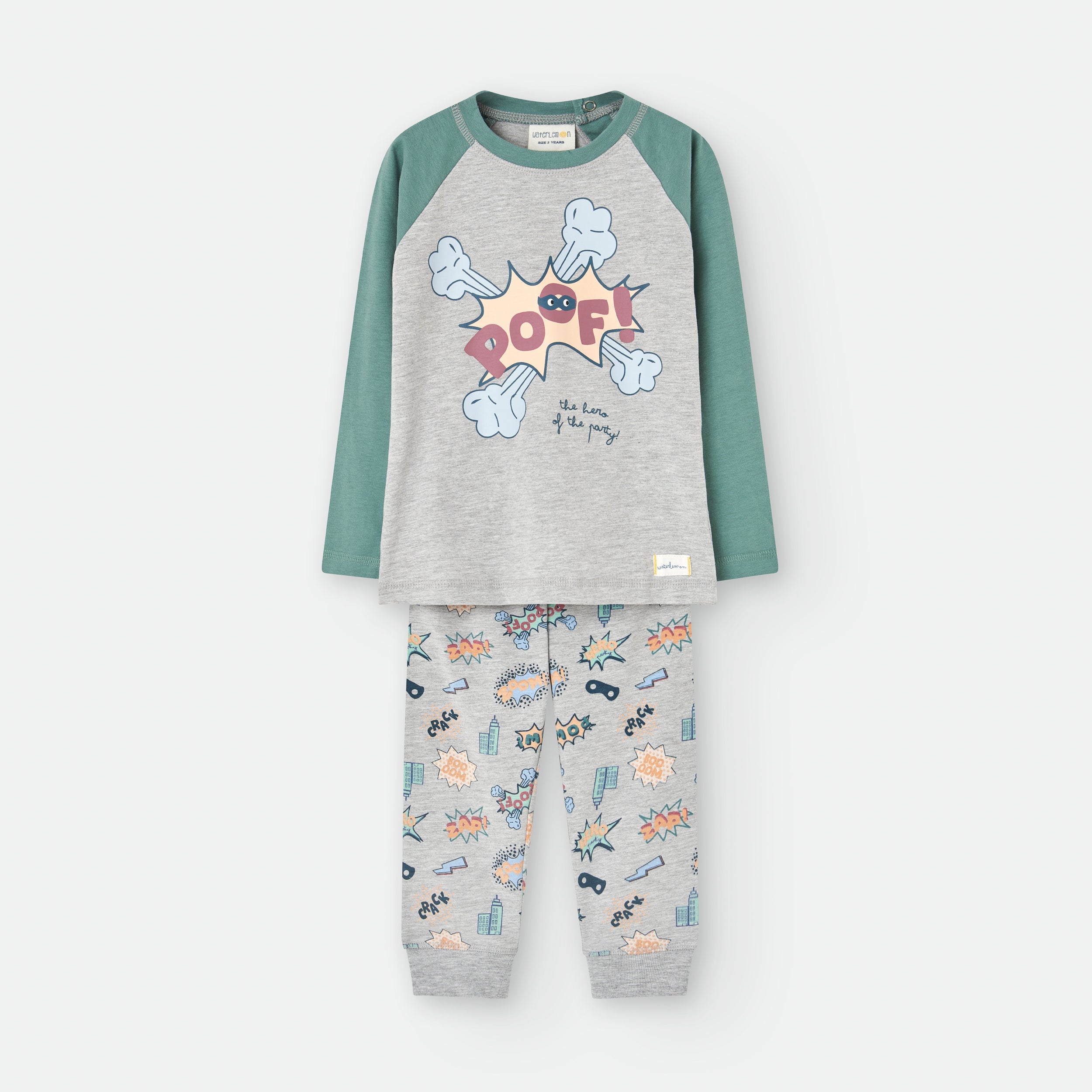 Pijama infantil Waterlemon cinza e verde de meia estação, 100% algodão, com estampado de banda desenhada na camisola e calças.