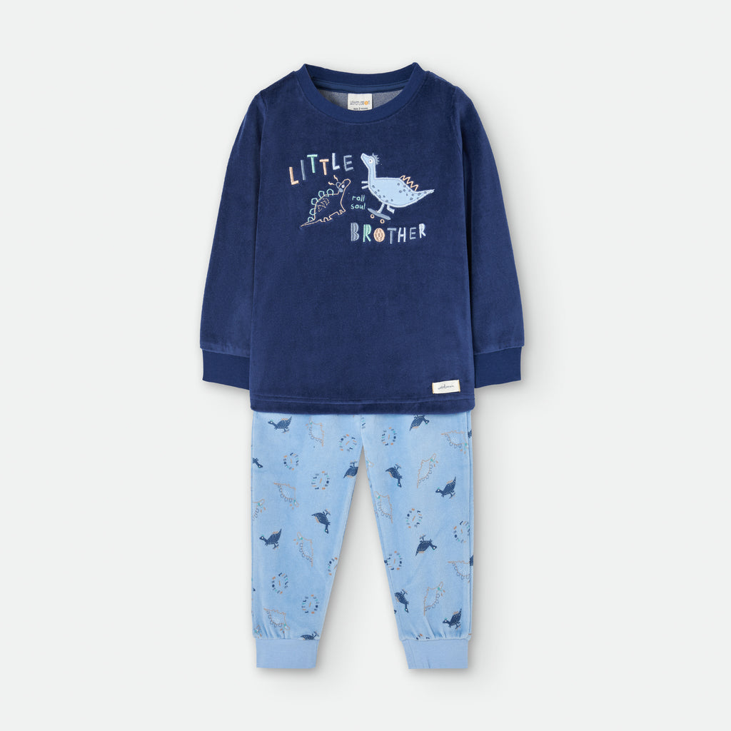 Pijama Waterlemon de meia estação, veludo azul-escuro, com estampado de dinossauros e texto "Little Brother".