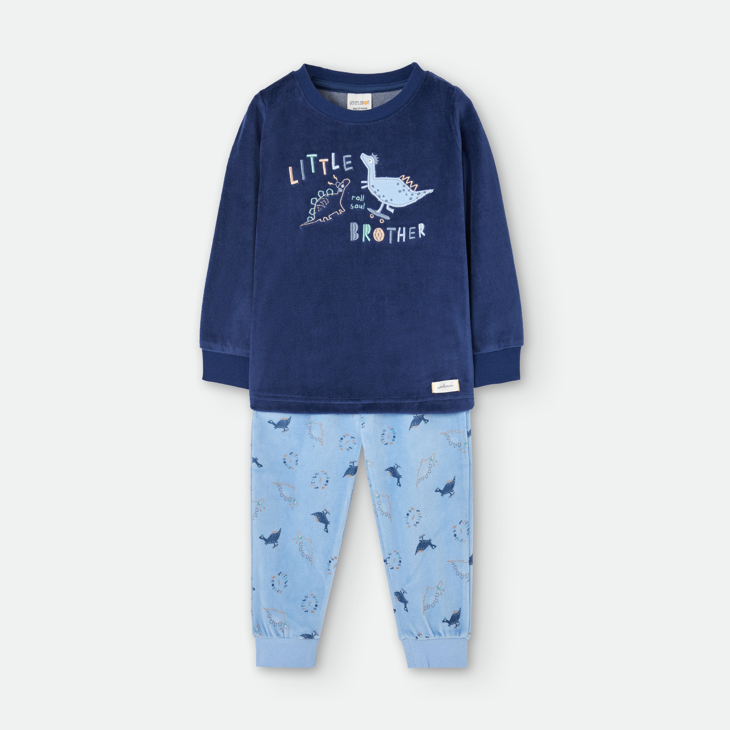 Pijama Waterlemon de meia estação, veludo azul-escuro, com estampado de dinossauros e texto "Little Brother".