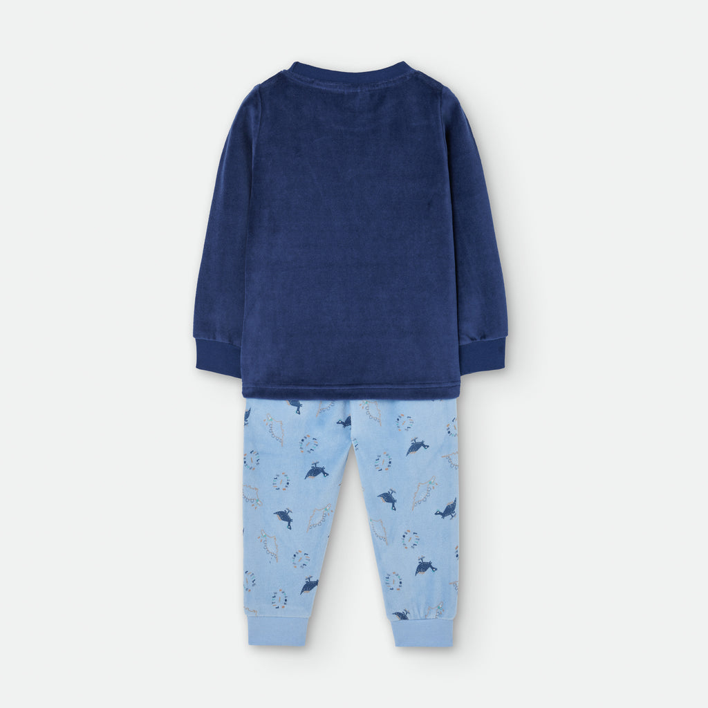 Vista traseira do pijama Waterlemon de duas peças, cor azul, mostrando a camisola lisa e calças com padrão de dinossauros.