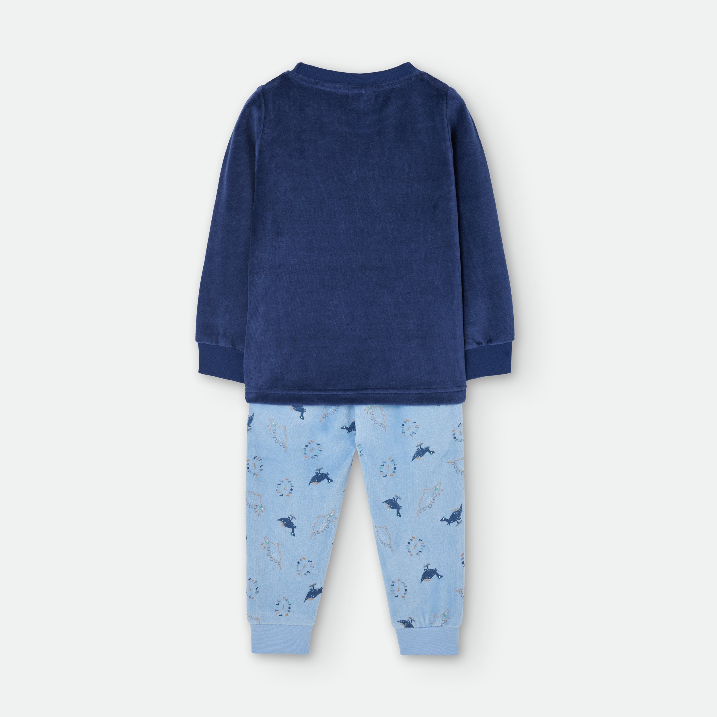 Vista traseira do pijama Waterlemon de duas peças, cor azul, mostrando a camisola lisa e calças com padrão de dinossauros.