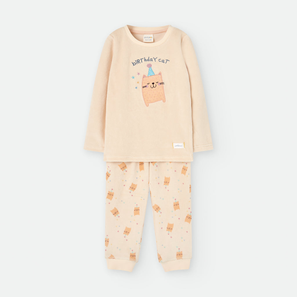 Pijama de duas peças Waterlemon em veludo cor de pêssego, com camisola de manga comprida e estampado "Birthday Cat".