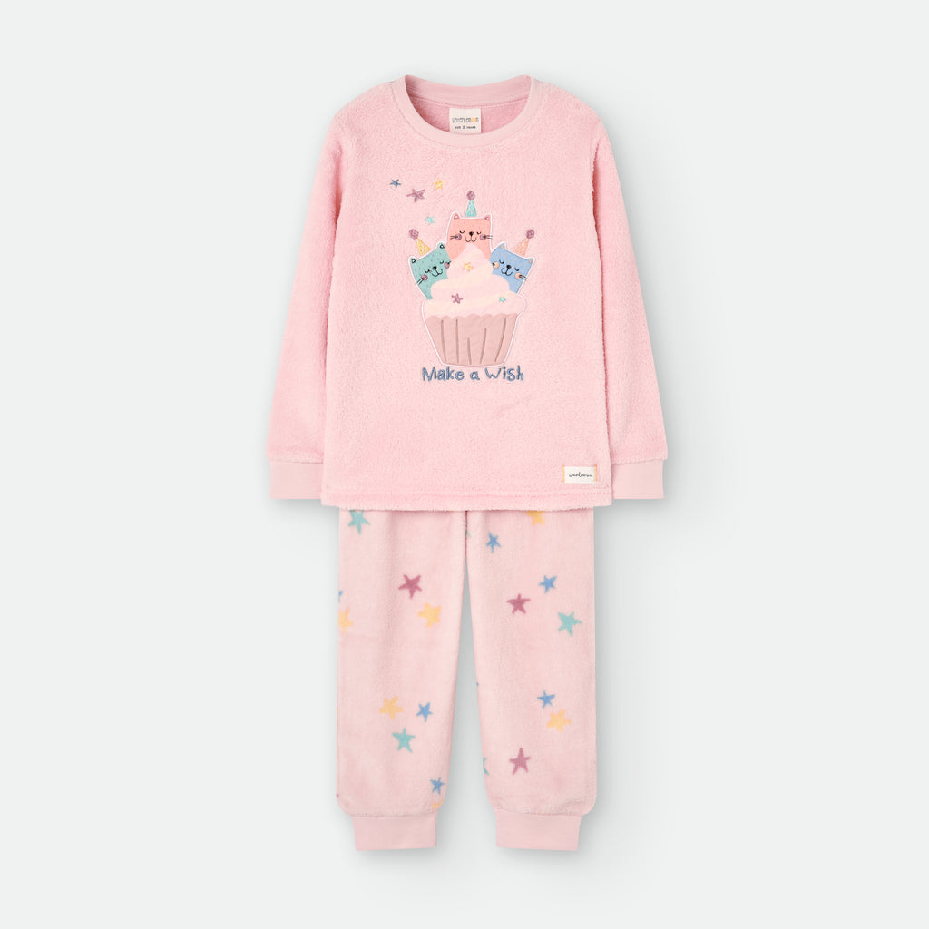 Pijama polar Waterlemon cor de rosa, duas peças, com camisola com estampa de gatinhos num cupcake e frase "Make a wish".