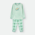 Pijama polar Waterlemon Hero verde, duas peças, camisola lisa com estampa "Hero" e calças às riscas xadrez verde-água.
