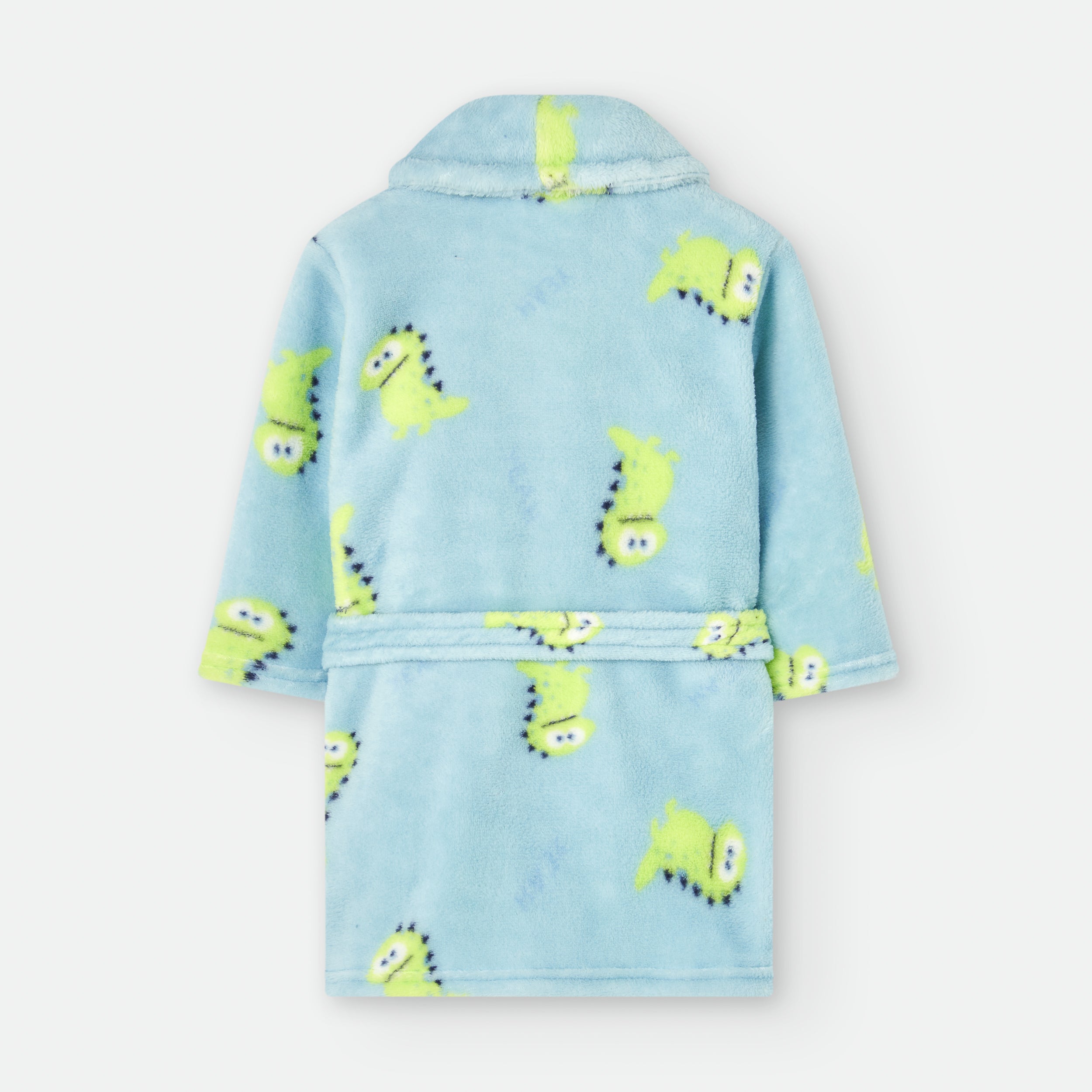 Vista traseira do roupão de criança Waterlemon azul-claro com dinossauros verdes, mostrando o tecido de coralina e o cinto na zona lombar.