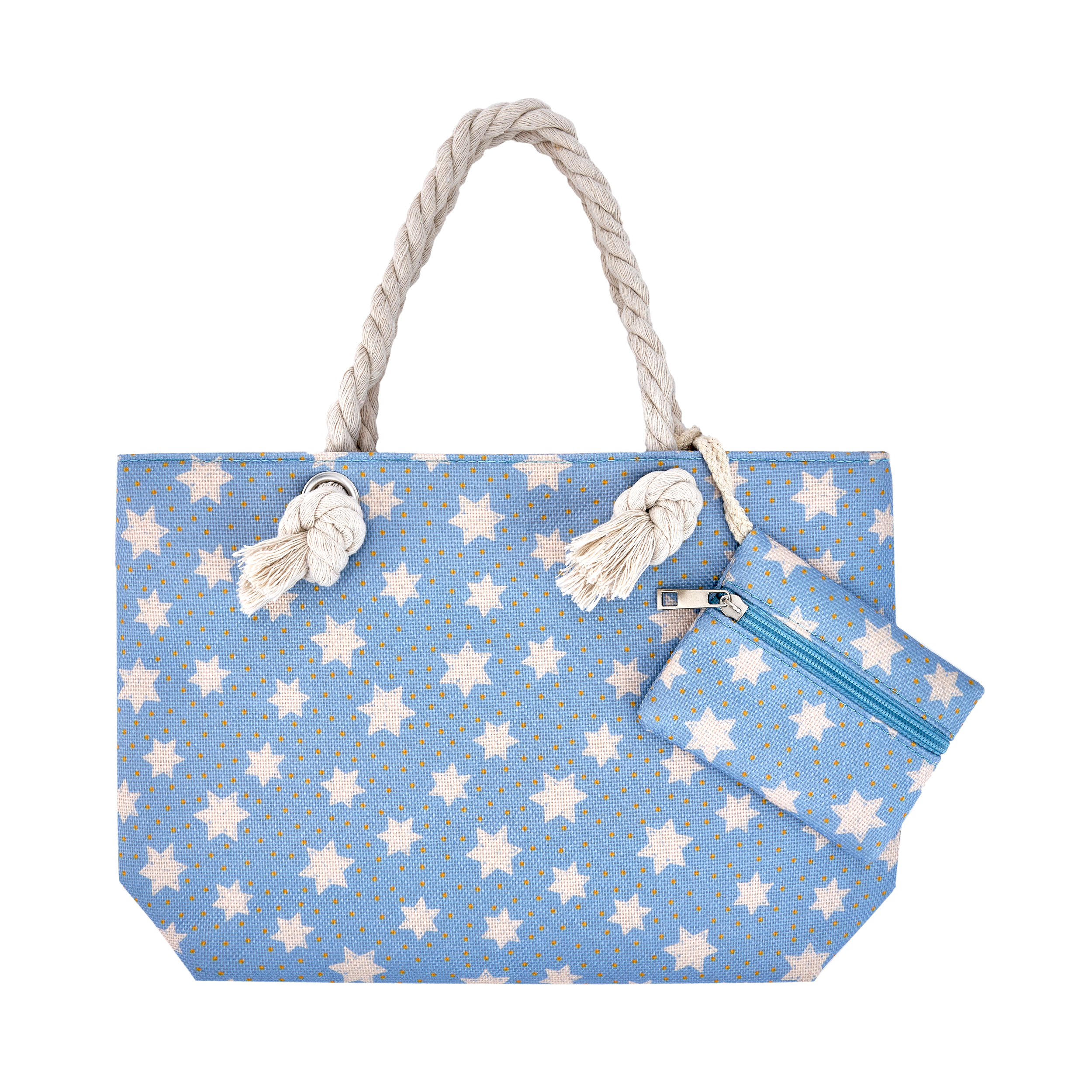 Saco de praia Waterlemon azul claro com padrão de estrelas brancas e pontos amarelos, alças de corda grossa e pequena bolsa com fecho a condizer.