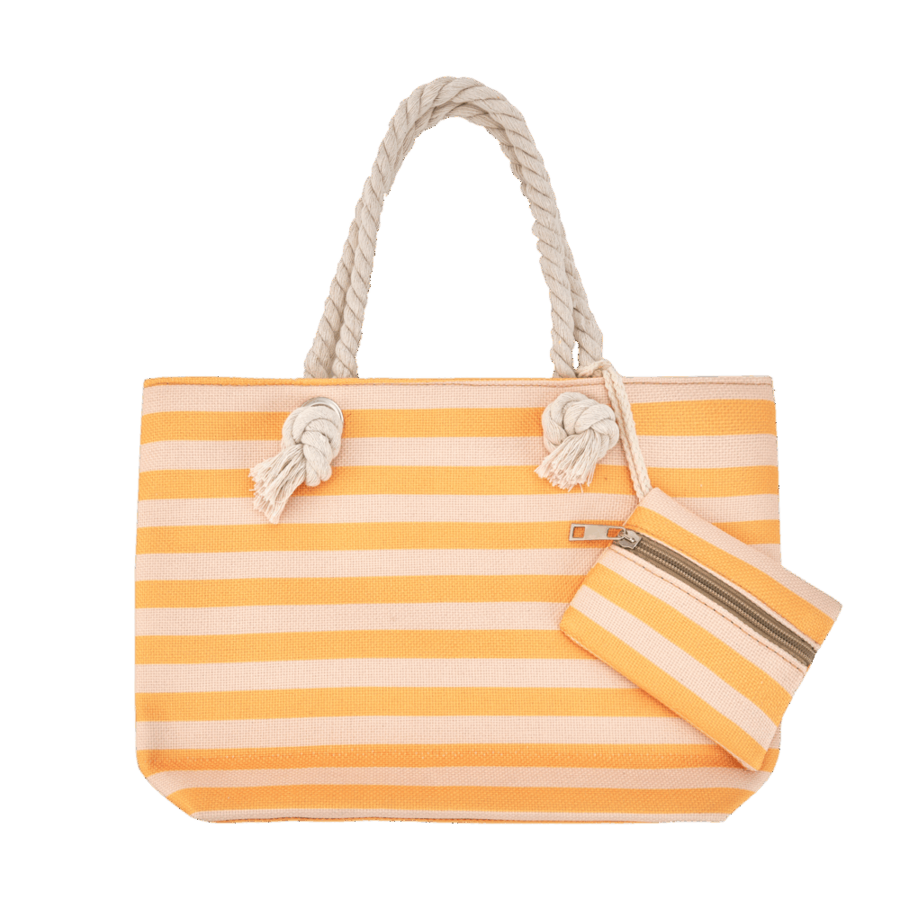 Saco de praia Waterlemon em riscas amarelas e cru, com alças de corda e pequeno bolso exterior com fecho, visto de frente.