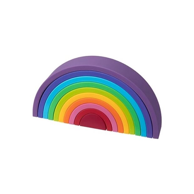 Detalhe do Mordedor Arco-Íris Weibo, mostrando as peças coloridas e a textura suave do silicone. Ideal para bebés na fase de dentição e para brincadeiras educativas.