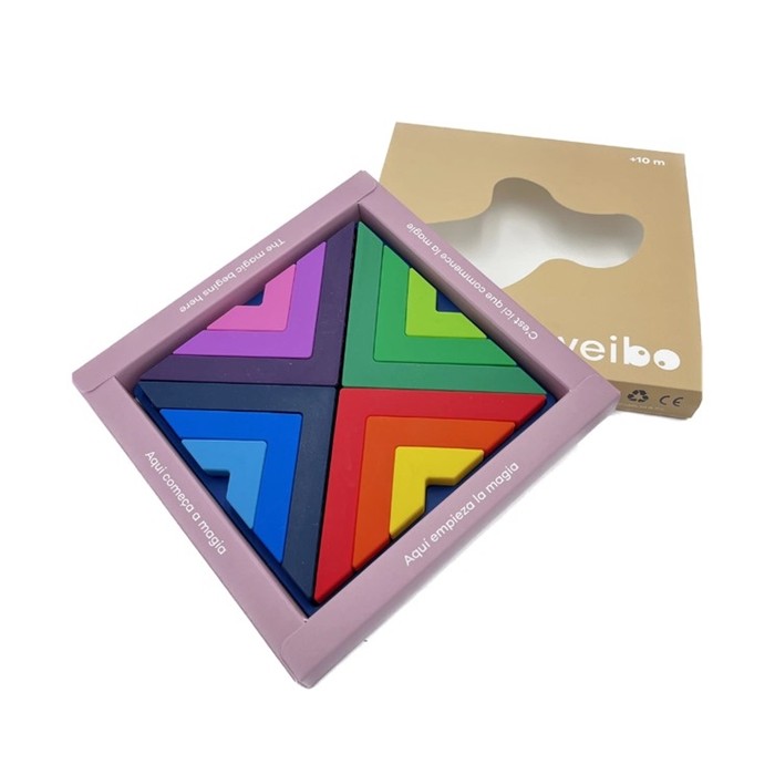 Puzzle Arco-Íris Weibo em silicone, mostrando as peças coloridas em sua embalagem, ideal para desenvolvimento infantil a partir dos 10 meses.