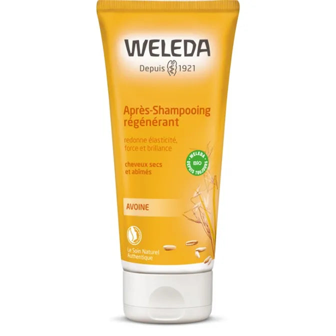Condicionador Reparador com Aveia da Weleda para cabelos secos e danificados, embalagem amarela com aveia.