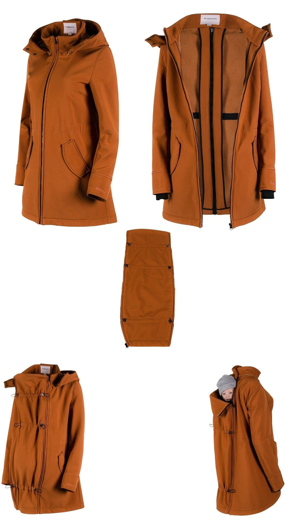 Composição de imagens do casaco Wombat Shell caramelo: exterior, interior polar, painel de transporte e usos com e sem bebé.