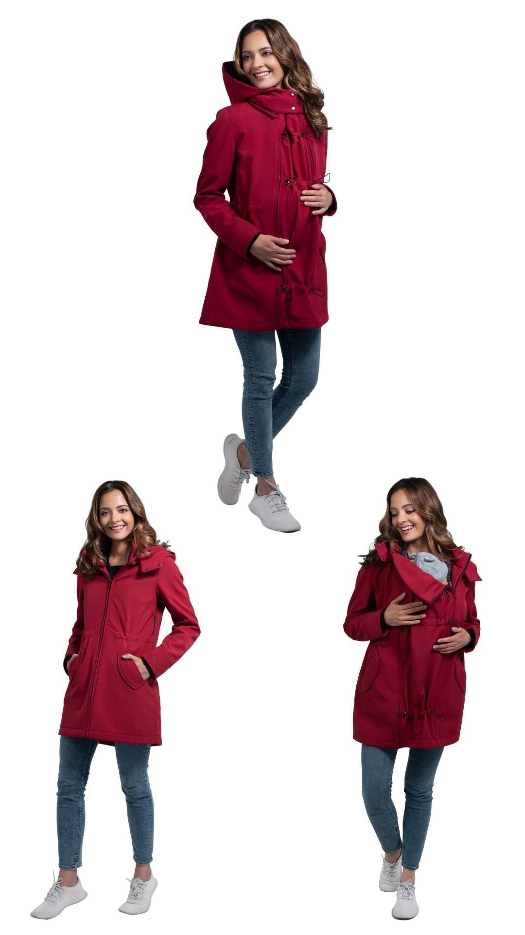 Composição de três imagens mostrando o casaco Wombat Shell vermelho em uso: grávida, casaco normal e transporte de bebé.