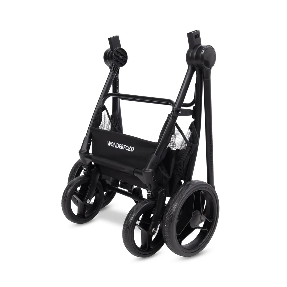 Estrutura do carrinho Wonderfold P3 dobrada para transporte e armazenamento compacto.