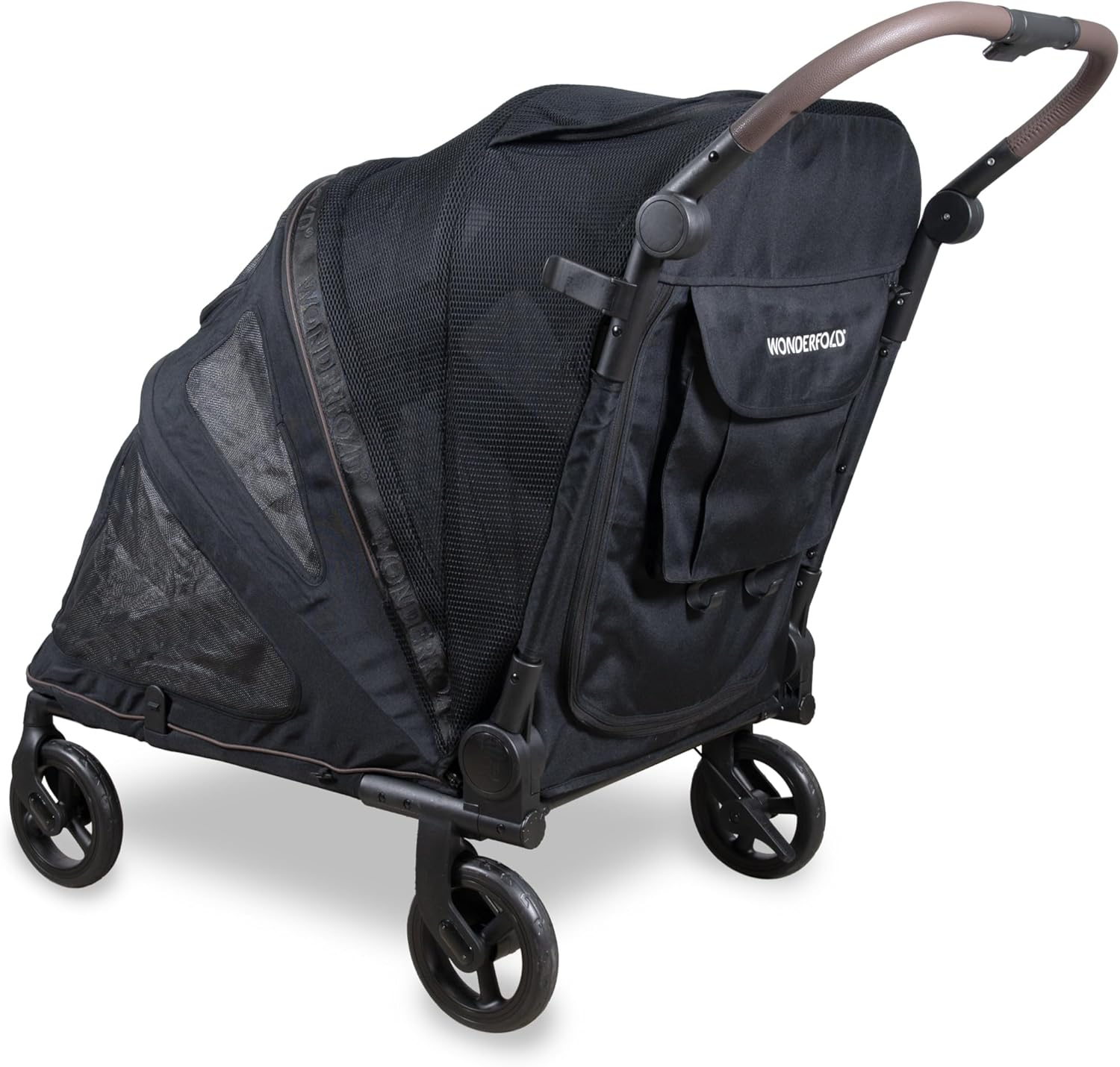 Vista traseira em perspetiva do carrinho Wonderfold com bolso de arrumação e guiador ergonómico.