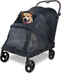 Carrinho para cães Wonderfold PF Pet Premium em preto com um cão Shiba Inu espreitando pela janela superior.