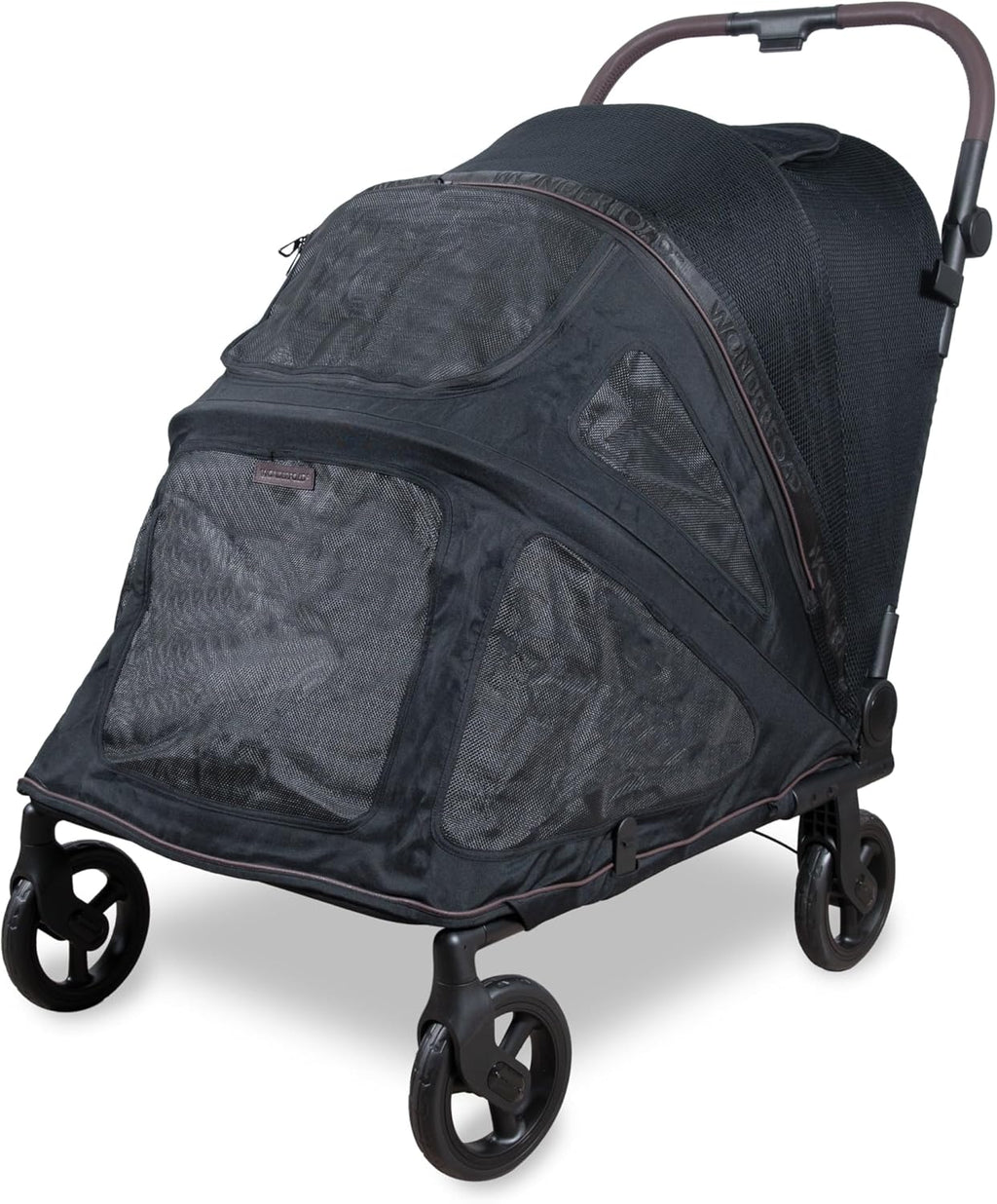 Carrinho Wonderfold PF Pet Premium fechado com todas as proteções de malha colocadas.