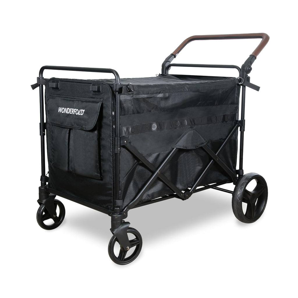 Carrinho vagão Wonderfold PXL Pet preto com pega ergonómica em pele castanha e estrutura robusta.